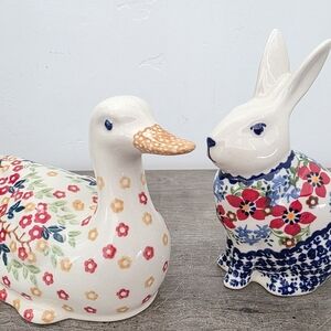 Boleslawiec Polish Pottery Easter Bunny & Goose Duck Figurine